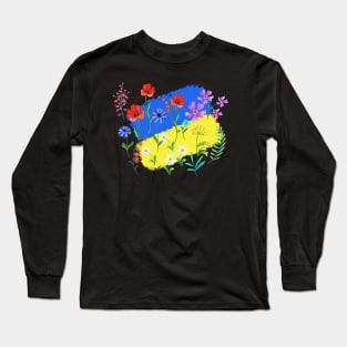 flowers on the background of the flag of ukraine Long Sleeve T-Shirt